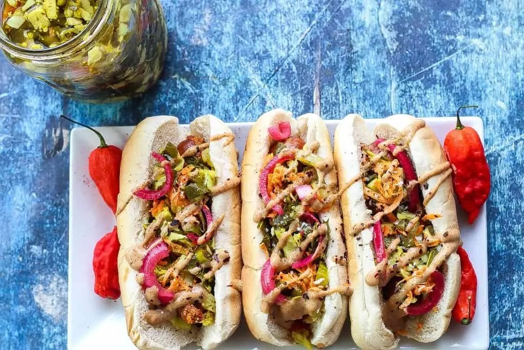 Hotdog Summer Food Art Topped with Ketchup Mustard and Relish