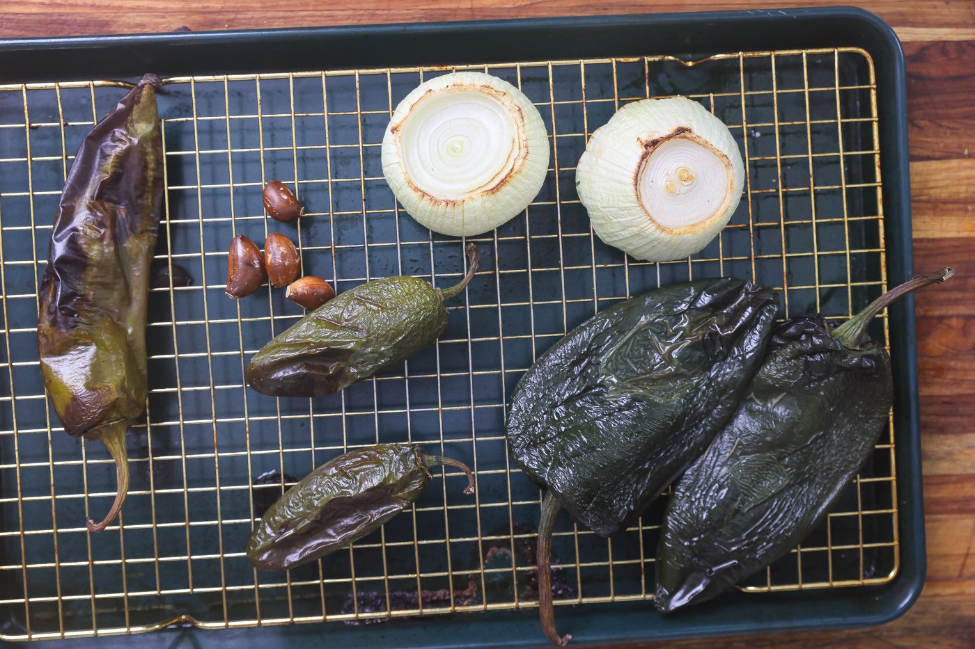 roasted peppers and onions on baking sheet