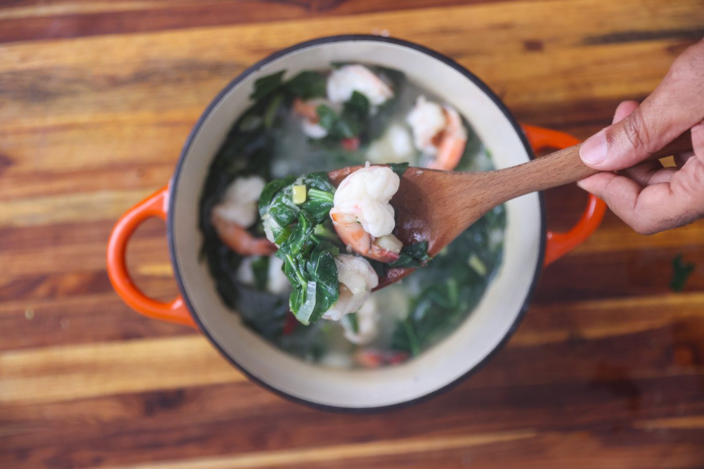 collard greens and spinach soup in a large pot